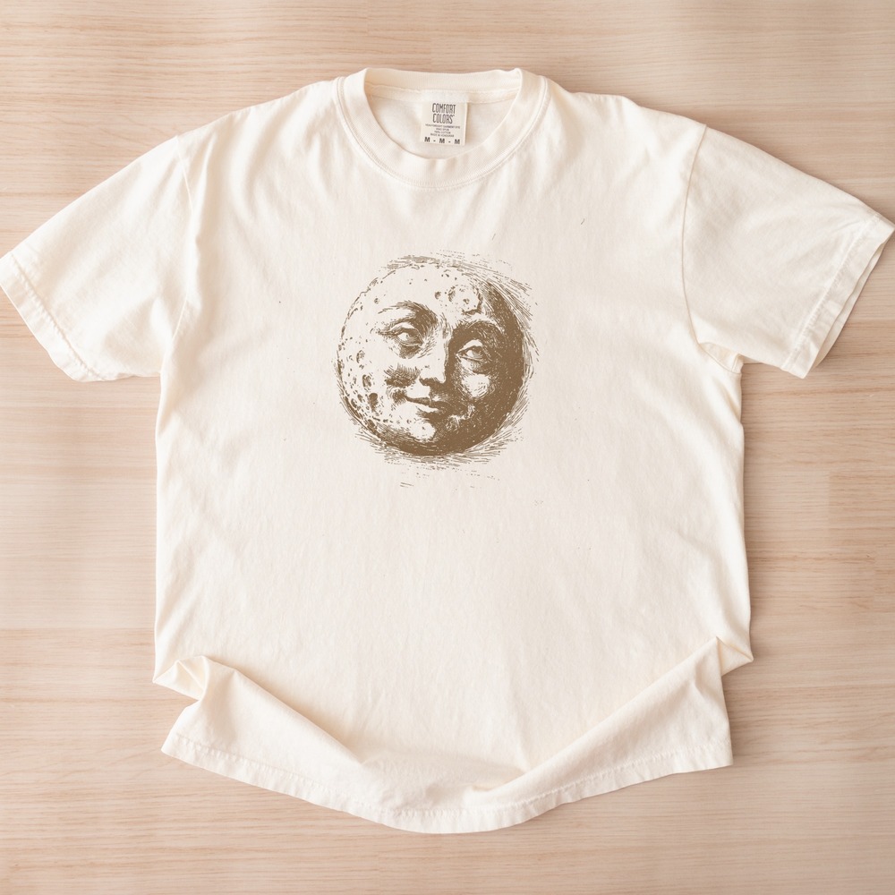 Celestial Face Graphic Tee Vintage Engraving Style Shirt